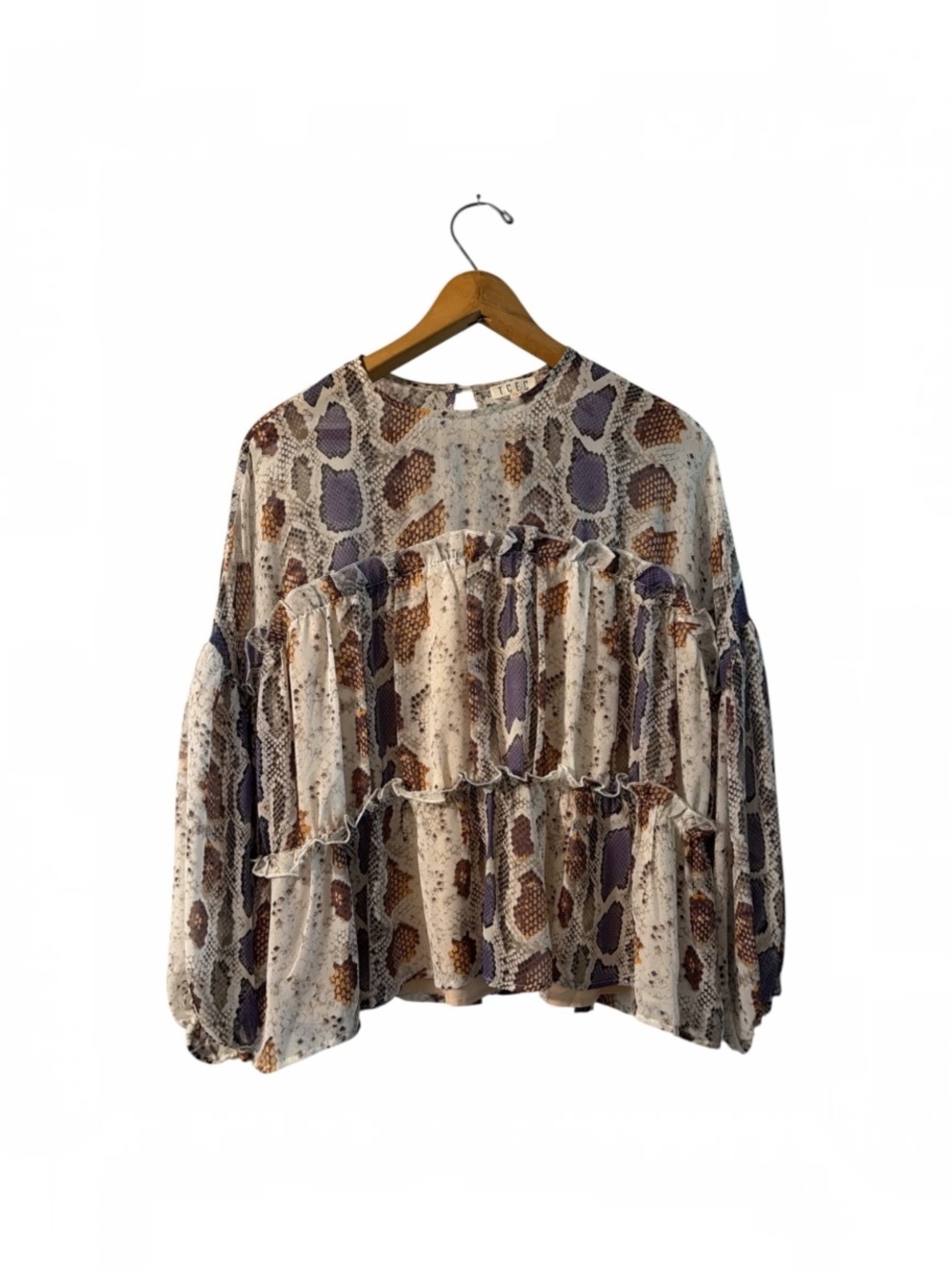 TCEC Snake Print Ruffle Peplum Blouse Womens Small Boho Balloon Sleeve Top
